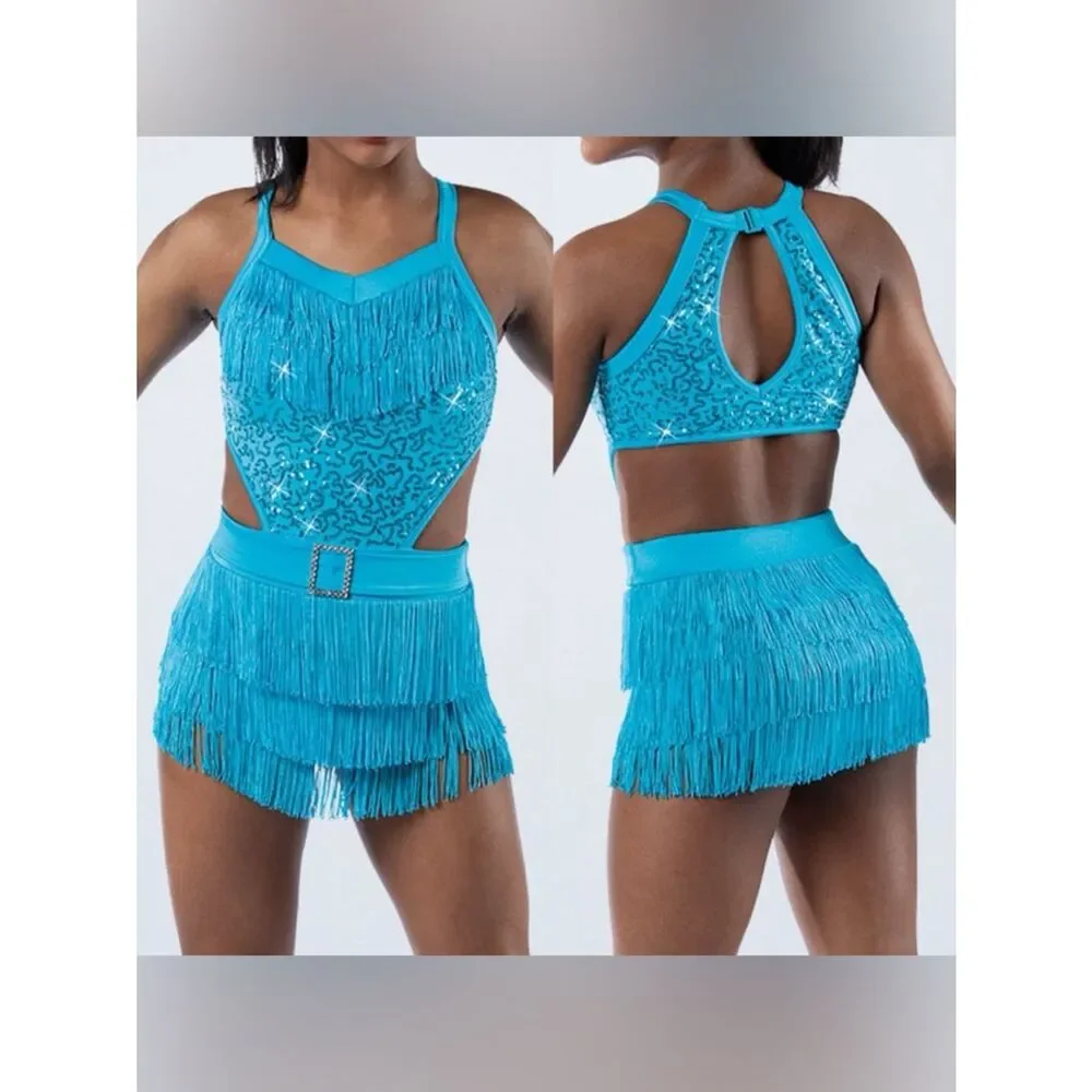 Weissman Elite Dance solo costume teal aqua Fringe Can You Do This D12439 XSA